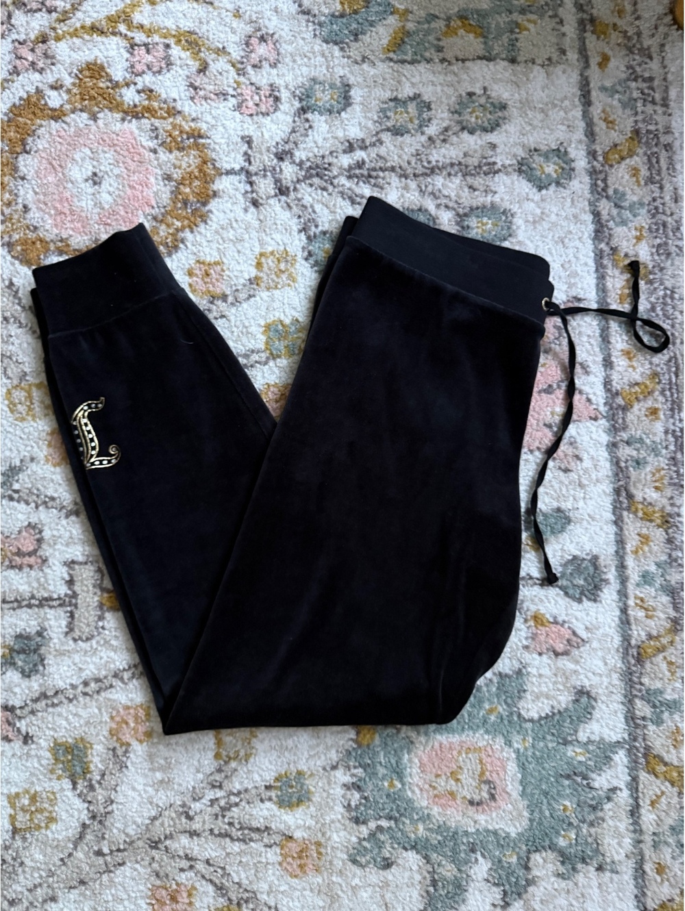 Juicy Couture Black Velour Joggers Size S Embellished Rhinestone Logo Y2K